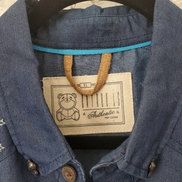 Entree LS Men's Denim Western Faux Leather Button Down Short Sleeve Shirt Large - Picture 4 of 7